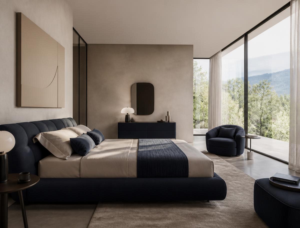 Quarto contemporâneo com cama de design em tons de areia e azul-marinho